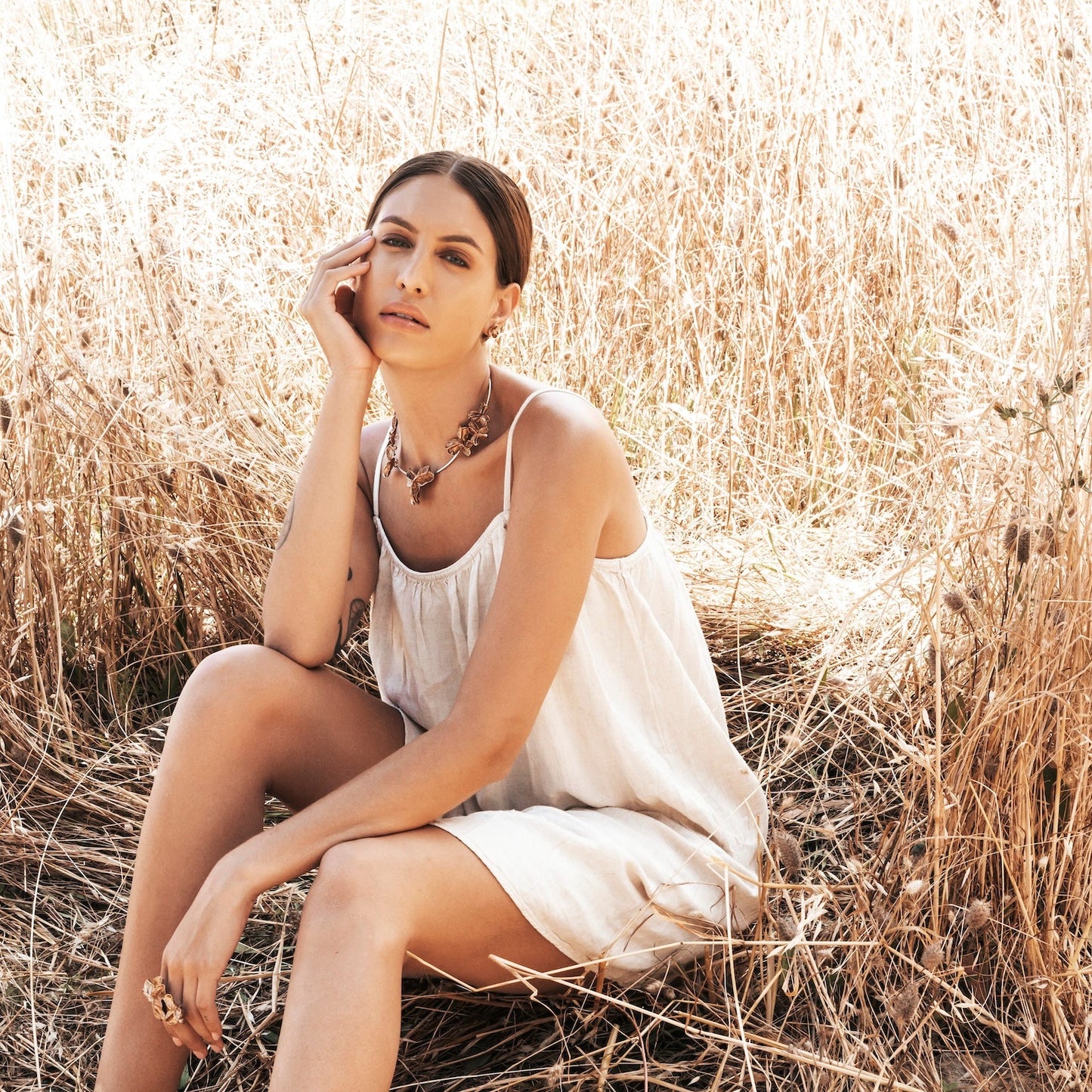 Bronze Double XL Pod Ring and Bronze Spikethorn Collar on model by Tiffany Marx