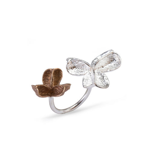 Large Silver and Smaller Bronze Double Pod Ring on silver band by Tiffany Marx