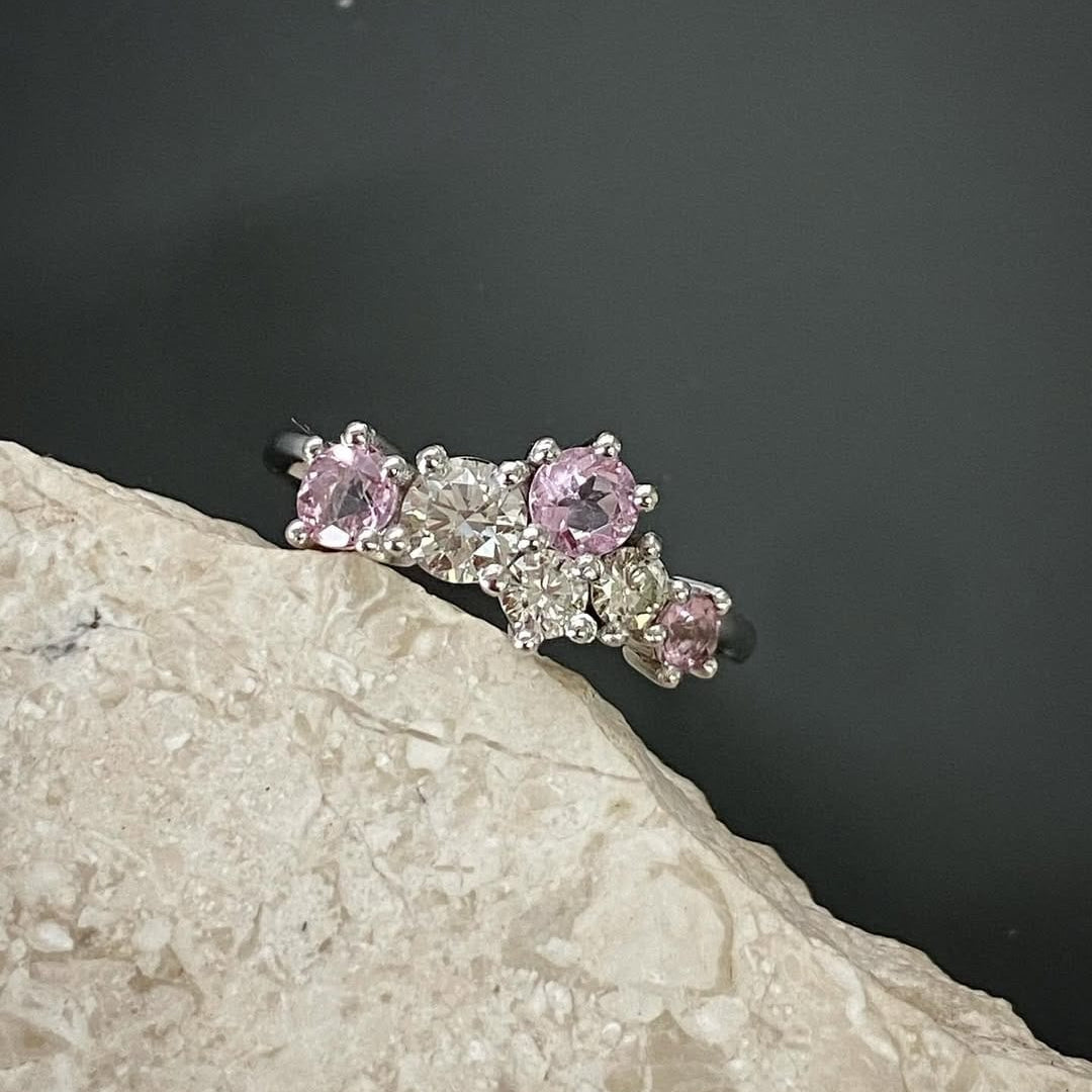 Platinum diamond and pink morganite ring