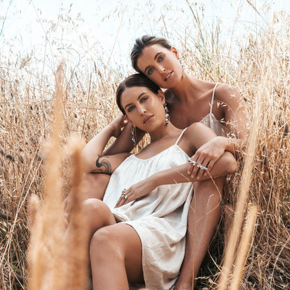 Silver Spikethorn Statement Bar Ring and Earrings and Two-Tone Statement Earrings on models by Tiffany Marx