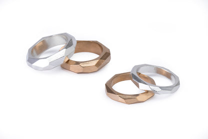 Silver and Bronze Wide and Skinny Faceted Rings by Tiffany Marx