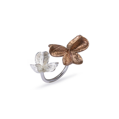 Large Bronze and Smaller Silver Double Pod Ring on silver band by Tiffany Marx